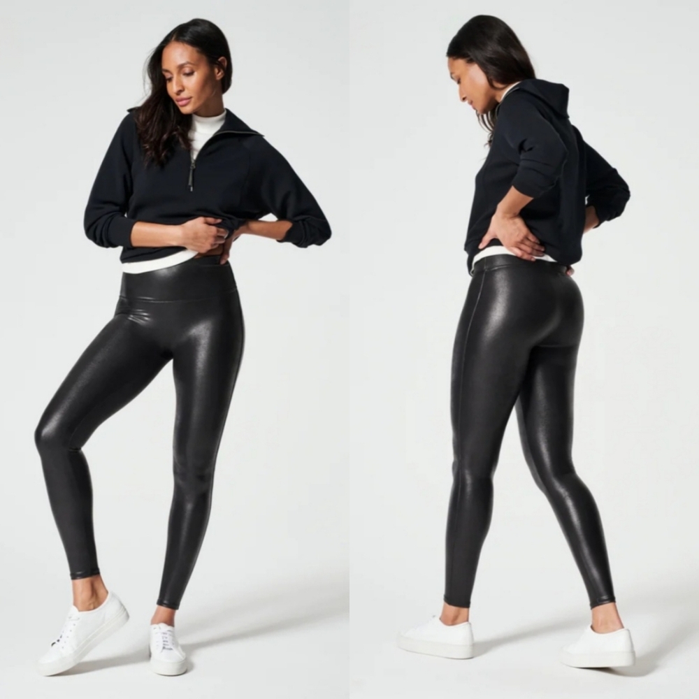 SPANX "Faux Leather Leggings" Black Slimming Shapewear | Women's Size XL